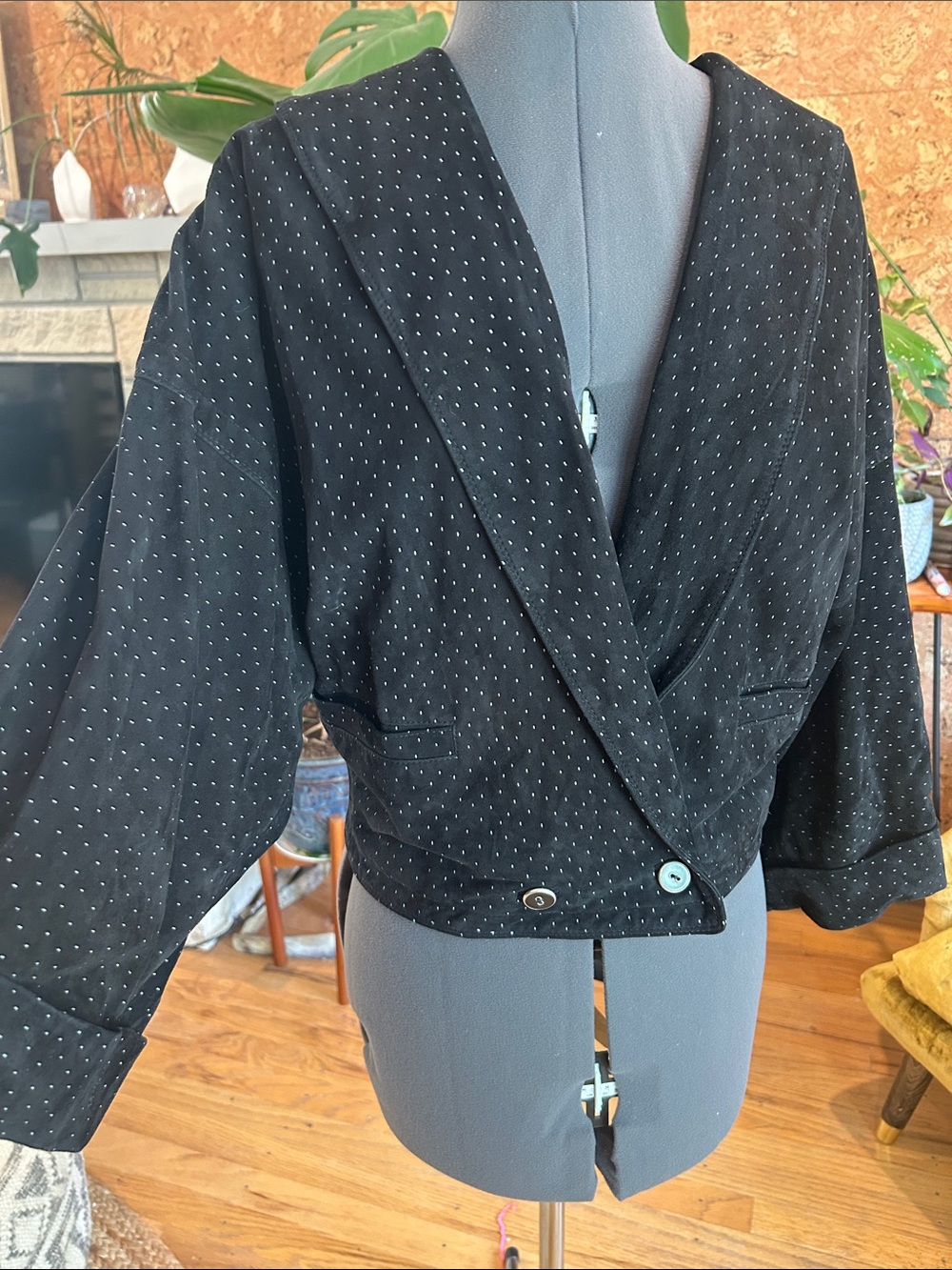 Versace Vintage Black Cropped Suede Leather Blazer Jacket w/Pin Dot Pattern 🇮🇹